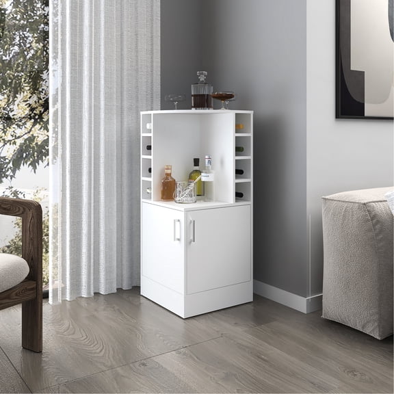 White Bar Cabinet For Home Entertainment - Bottle Rack, Open Shelves & Hidden Compartment Corner With Functionalities Storage
