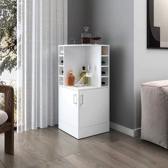 White Bar Cabinet With Construction And Bottle Storage - Practical Crisp Functional Shelf Beverage Holder