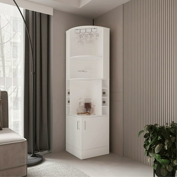 White Bar Cabinet With Wine Compartment And Spacious Shelves - Elevate Your Decor Stylish Corner Storage Shelf Space Luxury Touch