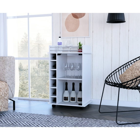 White Bar Cart Featuring Four With Lock, Glass Door, Two Interior Shelves, Spacious Metal-railed Top, Holds 6 Liquor Bottles Door And Lockable , Shelves Fits Six