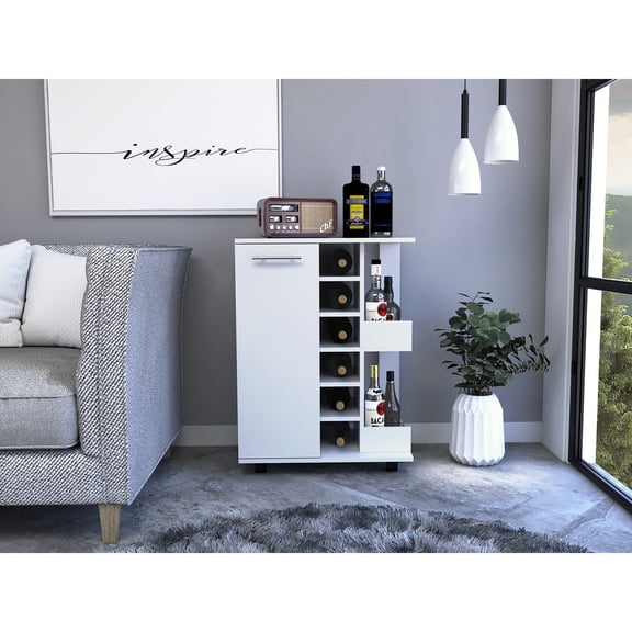 White Bar Cart Featuring Two Enclosed Shelves, Four And Six Built-in Wine Rack For Dining External Liquor Bottle Room
