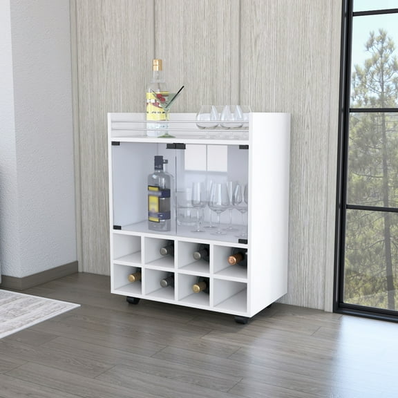 White Bar Cart With 8 Rack, Glass Cabinet Bands - White, Holder, Aluminum Edge