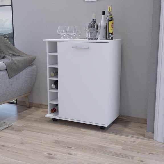 White Bar Cart With Spacious Interior And Versatile Serving Top In Living Room For Cocktails, Ample Storage Easy Mobility