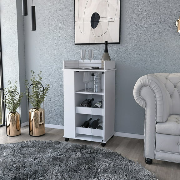 White Bar Cart With Two Shelves And A Joyful Glass Door Featuring Chic