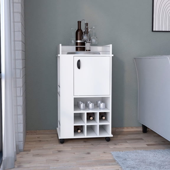 White Bar Cart with 6 Wine Racks and Moving Casters / Quick Assembly with Precise Holes