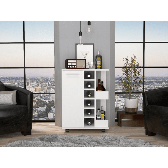 White Bar Cart with Enclosed Cabinet, 2 Open Shelves, 6 Wine Cubbies & Locking Casters