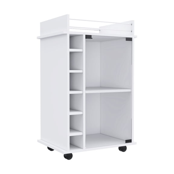 White Bar Cart with Wine Rack and Locking Wheels, Space Saving Kitchen Island for Small Spaces, 16.3x21.6x16.3 Inches