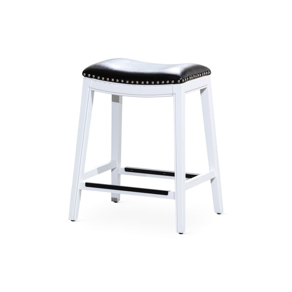 White Bar Stool with Black Leather, Metal Foot Plates / Protects Stool and Floor, Elegant Design