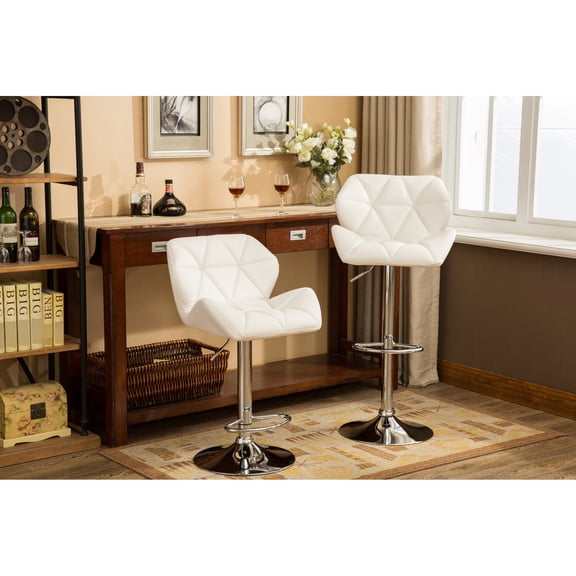 White Bar Stools | Adjustable Height, 360-Degree Swivel Feature | Soft Faux Leather | Built-In Footrest for Relaxation