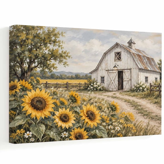 White Barn Canvas Wall Art, Farmhouse Yellow Sunflowers Country Path Wooden Fence Wall Art Prints Artwork Framed Canvas Ready to Hang Art Pictures for Living Dining Room Bedroom Hallway 24" x 18"
