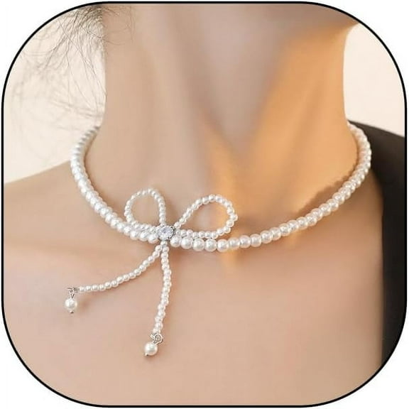 White Baroque Pearl Bow Choker Necklace, Sparkly Zircon Coquette Short Necklace, Simple Tiny Beaded Aesthetic Jewelry Gift for Women