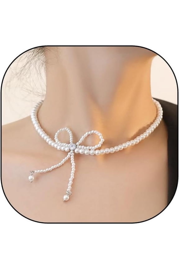 White Baroque Pearl Bow Choker Necklace, Sparkly Zircon Coquette Short Necklace, Simple Tiny Beaded Aesthetic Jewelry Gift for Women