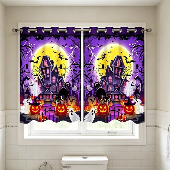White Base Pumpkin Witch Hat Bat All Over Kitchen Curtain,Short Panel Window Valance for Sink,Breakfast Nook,Home Decor
