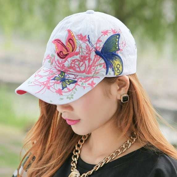 White Baseball Cap Women Ladies Butterfly Hat Sun Hats Polyester