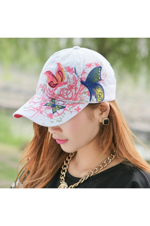 White Baseball Cap Women Ladies Butterfly Hat Sun Hats Polyester