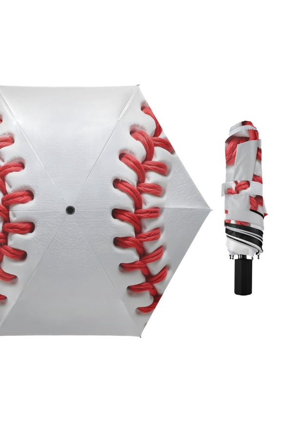 White Baseball Close Up All Weather Umbrella Triple Folding Parasol 6 Ribs UV Protection Portable