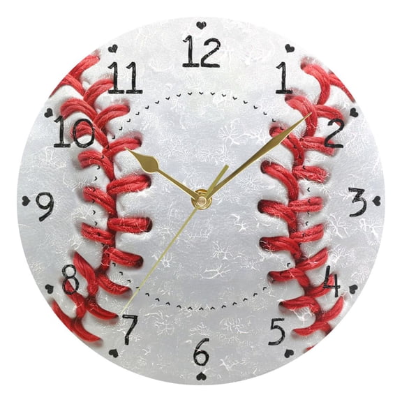 White Baseball Close Up Round Wall Clock Silent Analog Battery Operated Gold Pointer Home Decor 9.84" Diameter