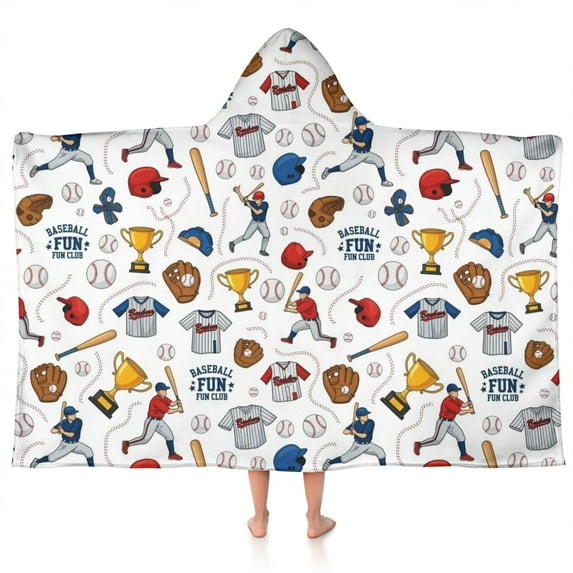 White Baseball Elements Pattern Hooded Bath Towel,50"x30" for Ages 3 To 12 Kids, Quick Dry Lightweight Soft Microfiber Hood Beach Towel Cover Up for Kids