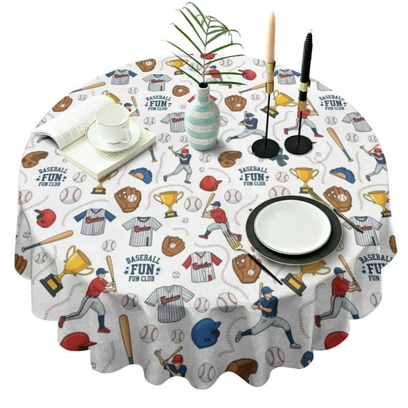White Baseball Elements Pattern Round Tablecloth 60"x60",Wrinkle Wipeable Table Cloth for Kitchen Dining Room Picnic Patio Party