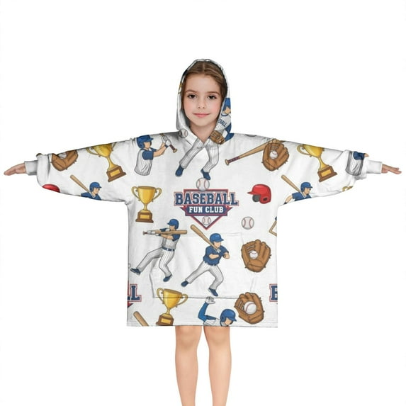 White Baseball Fun Club Pattern Blanket Hoodies for Kids 6-13YR Oversize Wearable Blanket Hoodies for Boys Girls Teens