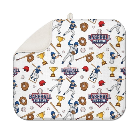 White Baseball Fun Club Pattern Dish Drying Mat for Kitchen 1 Pack, Ultra Absorbent Microfiber Dishes Drainer Mats,16"x18"