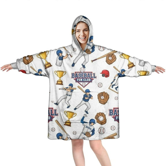 White Baseball Fun Club Pattern Wearable Oversized Blanket,Wearable Blanket Hoodie for Adults,Cozy Hooded Blankets with Super Pockets,Super Warm Fuzzy Pullover for Women & Men