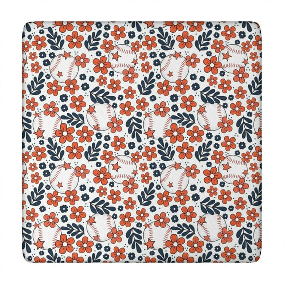 White Baseballs with Red Flowers Pattern Square Fitted Tablecloth with Elastic Edge,Square Table Cover,Washable Elastic Table Cover for Home Kitchen Party Decor 34"x34"