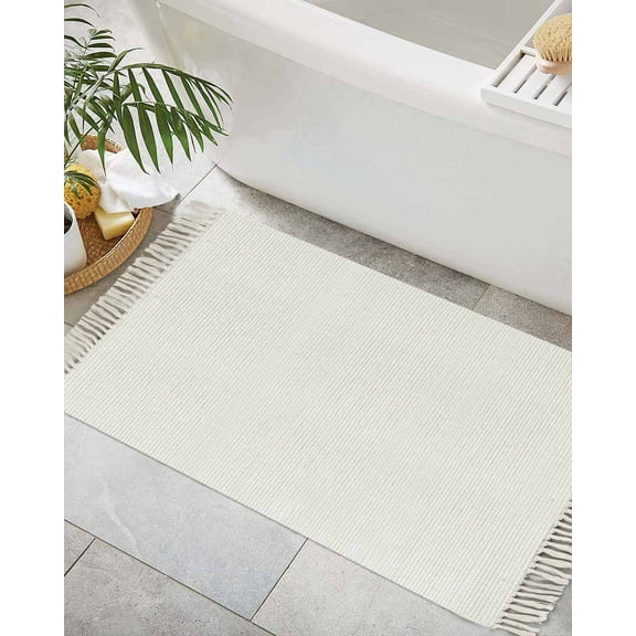 White Bath Rug 2x3ft Woven Bathroom Entryway Runner Rug,Pure White Solid Color Simple Minimalism Art Washable Living Room Hallway Bedroom Kitchen Carpet with Tassels,Indoor Outdoor Throw Doormat