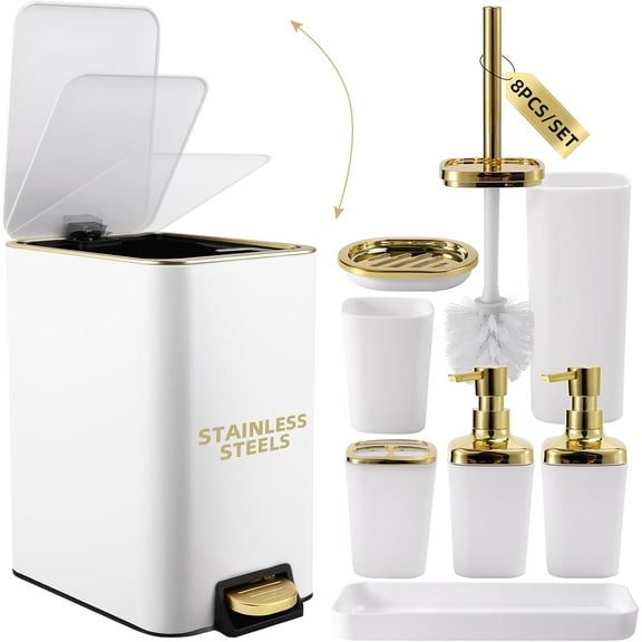 White Bathroom Accories Set 8 Piece White And Gold Bathroom Set Bathroom Sets With Stainl Steel Trash Can Toilet Brush Toothbrush Set Soap Dispenser