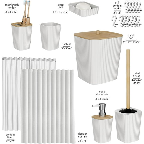 White Bathroom Accessory Set, 20PC Bath Essentials with Shower Curtain and Liner