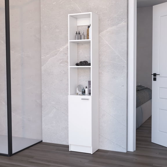White Bathroom Cabinet - 1 Door, 3 Open Shelves, 2 Hidden Contemporary, Engineered Wood, 10 15 In Depth Linen For Use Contemporary Style, 60+ Height