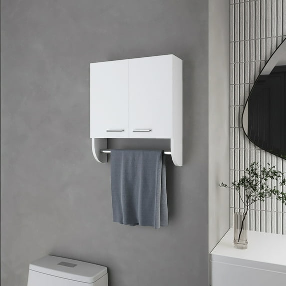 White Bathroom Cabinet - 2 Doors, Shelves, Towel Bar Wall Mounted Modern & Functional Design , Piece