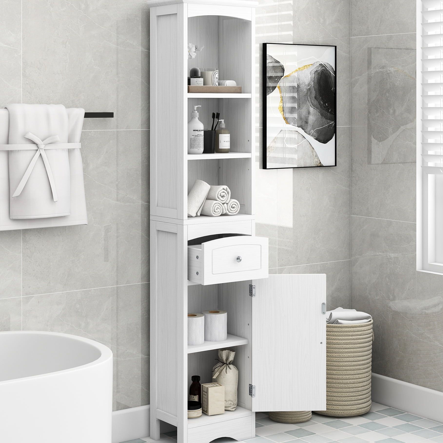 White Bathroom Cabinet: Drawer, Adjustable Shelf, Modern Space Saver ...