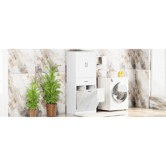 White Bathroom Cabinet With Two Laundry . , Painted Surface. Adjustable Shelf For Optimal Space Arrangement. Doors & Drawer A Well-planned Construction, Painted. Customizable Storage. Personalized