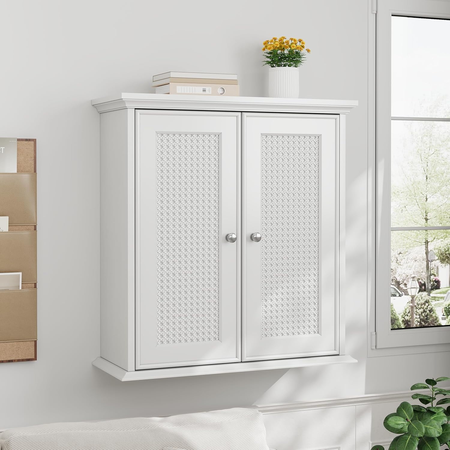 White Bathroom Cabinet Wall Mounted with Rattan Doors, Bathroom Medicine Cabinet with Adjustable ...