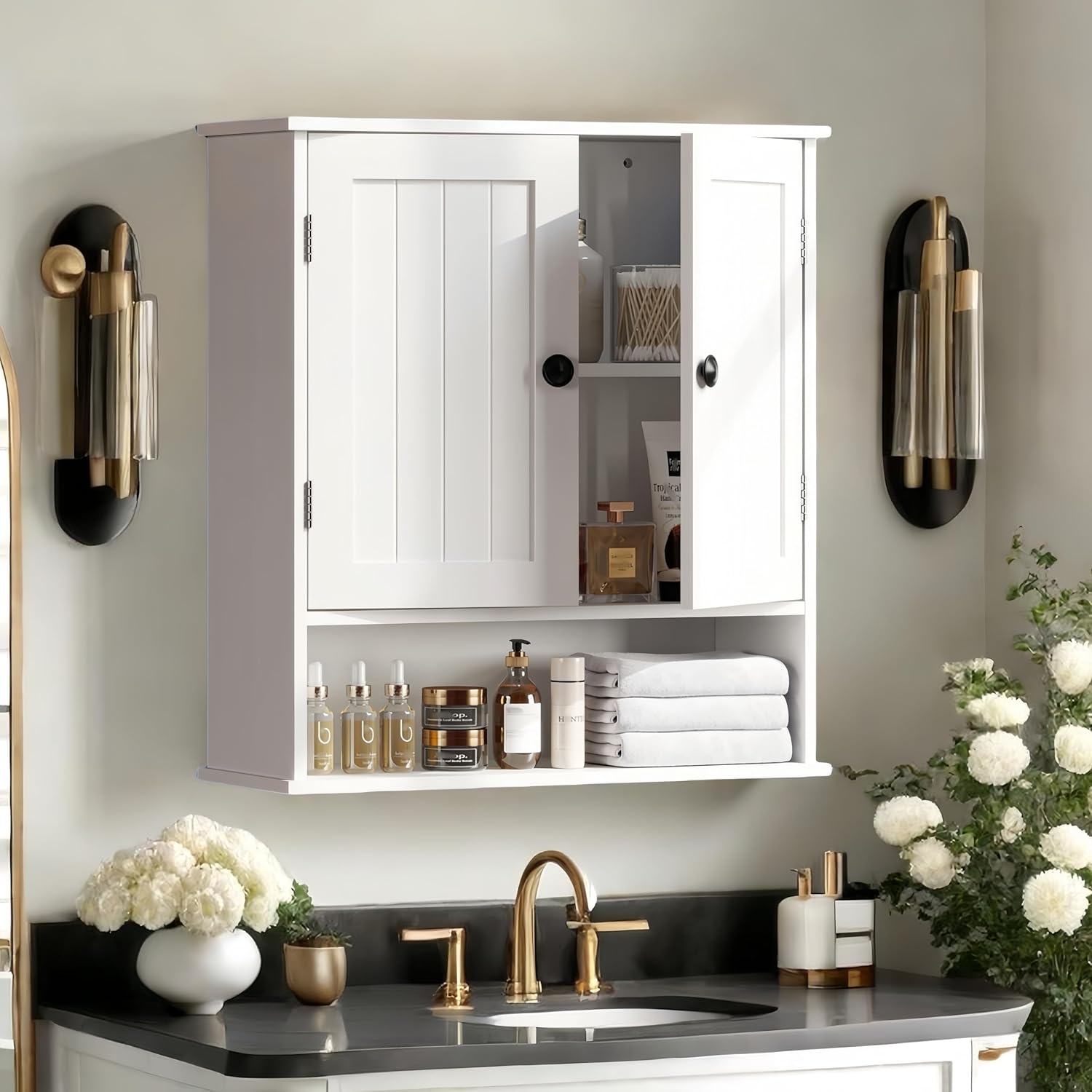 White Bathroom Cabinet Wall-Mounted, Storage Cabinets with Adjustable ...