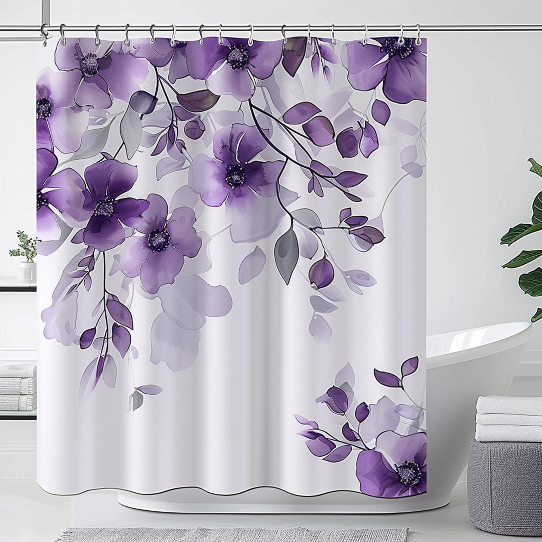 White Bathroom Curtain with Elegant Purple Floral Design Perfect for ...