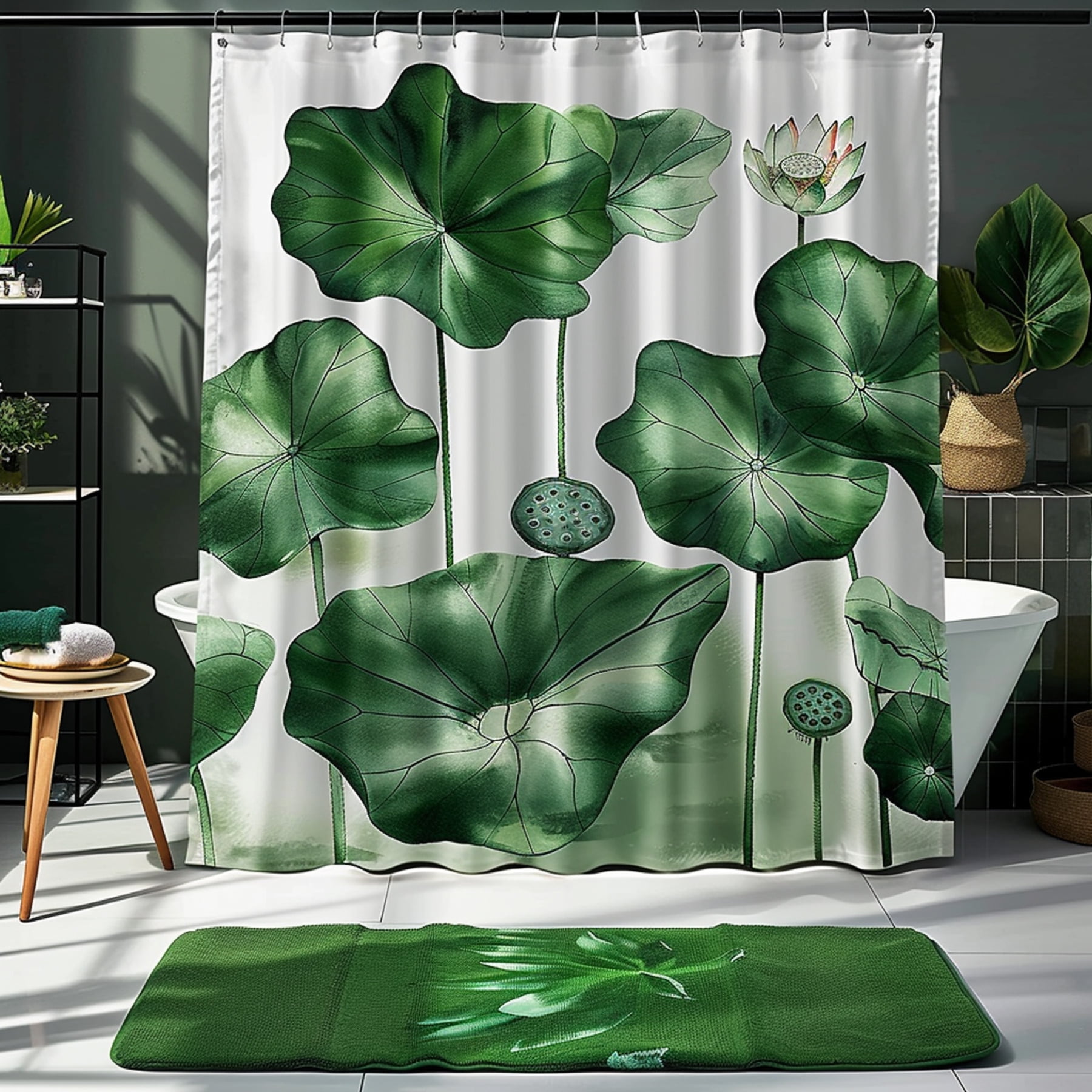 White Bathroom Curtain with Green Lotus Leaf Design and Pillows Hyper
