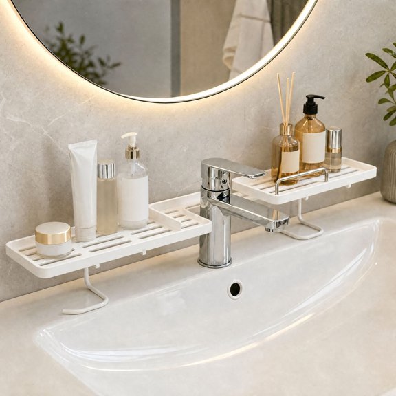 White Bathroom Faucet Organizer, 2-Tier Over-the-Faucet Shelf, Grate Design, Plastic, No Drilling, for Countertop Storage