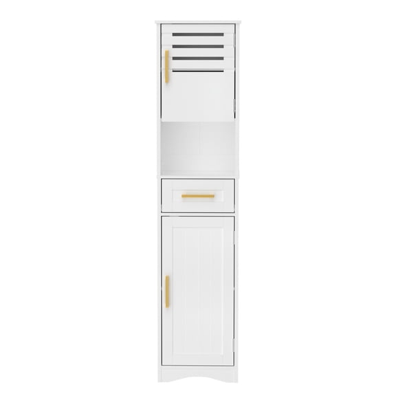 White Bathroom Floor Cabinet with Adjustable Shelves / Hold Hairdryer and Towels Securely