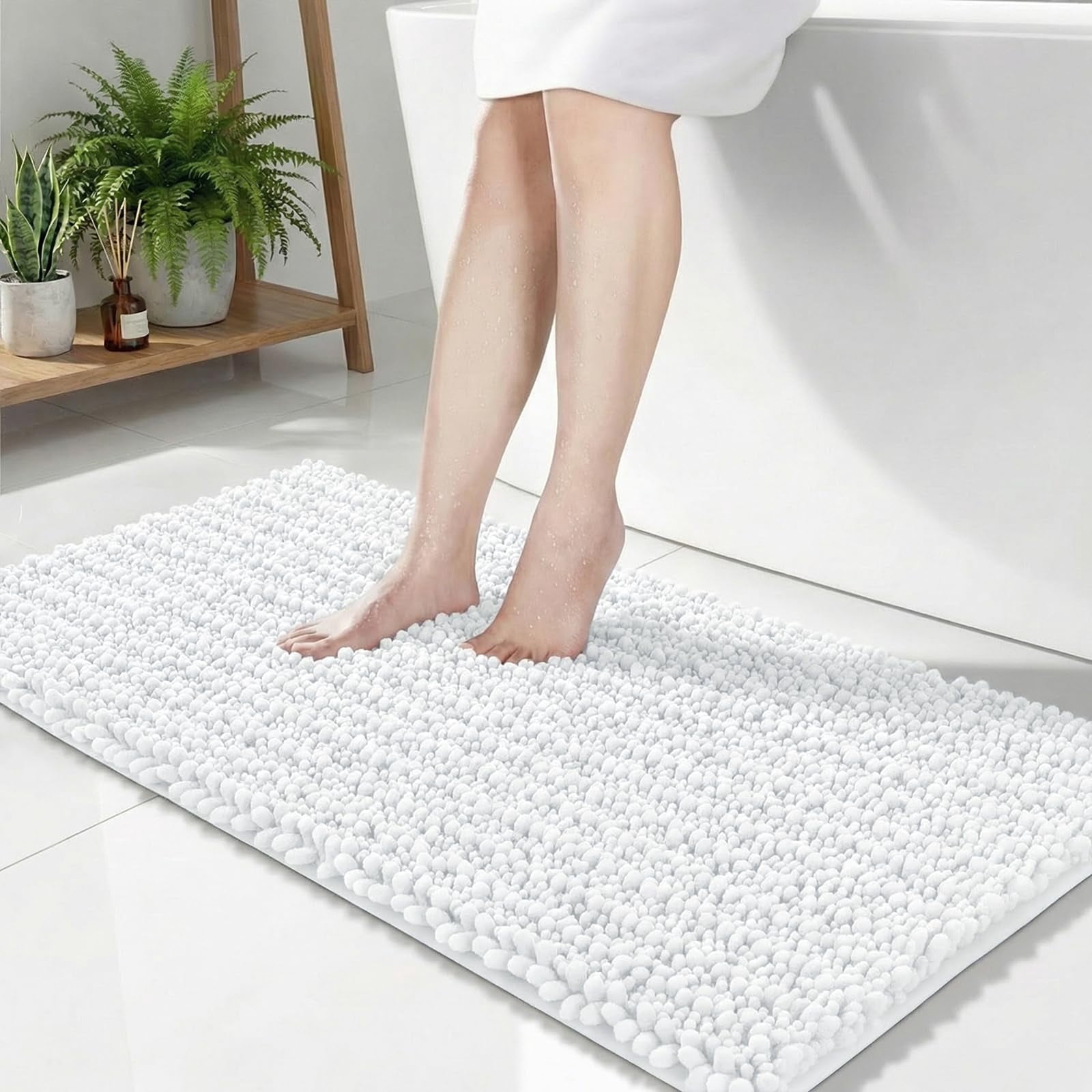 White Bathroom Rug 24x44 Inch - Thick Chenille Bath Mat Large Shaggy ...