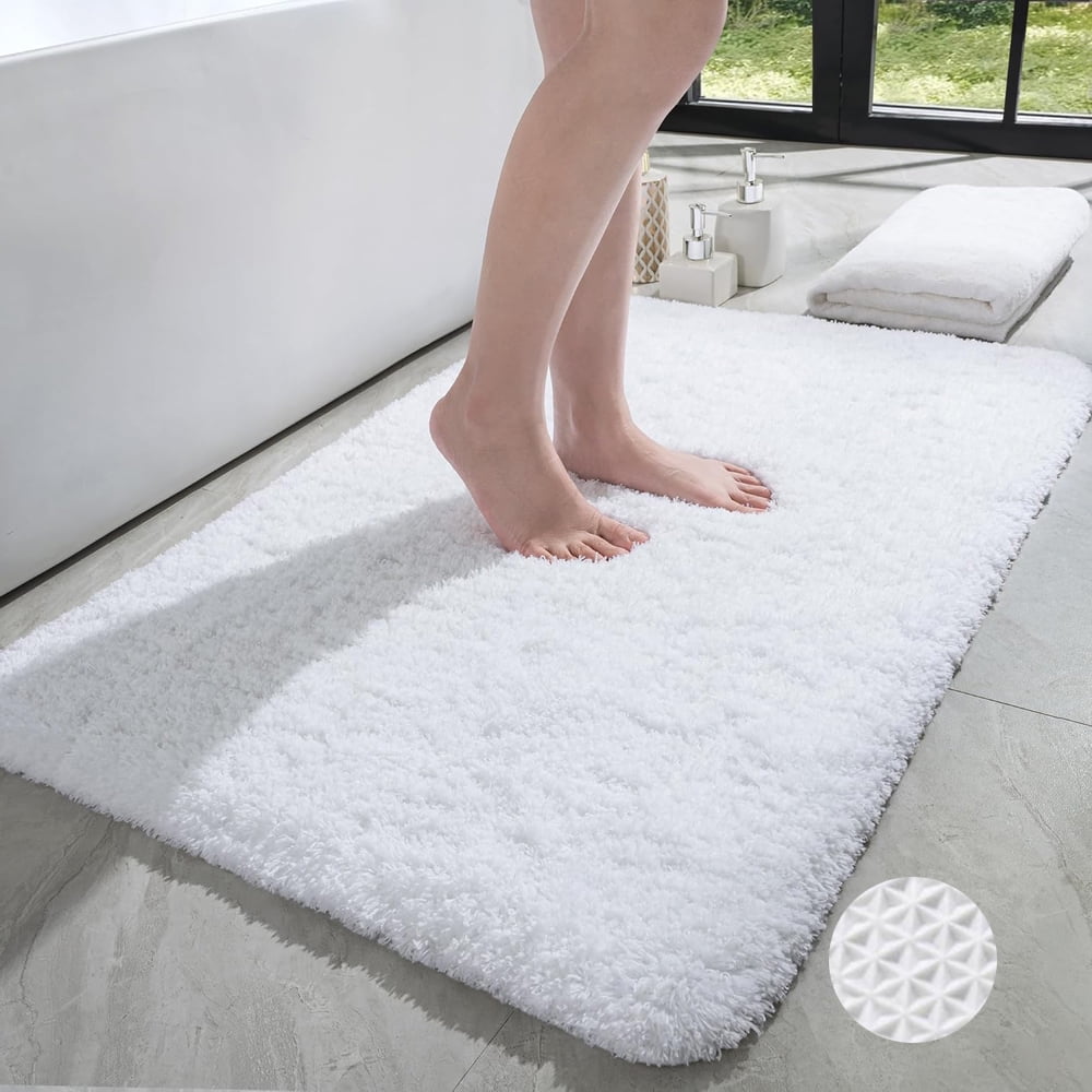 White Bathroom Rugs 18" x 28" Non-Slip Backing Soft Fluffy Microfiber Absorbent Bath Mats Machine Washable