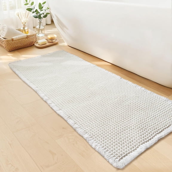 White Bathroom Rugs, Waffle Bath Mat Non Slip Washable, Super Absorbent & Quick Dry, Boho Bath Mat Farmhouse Bathroom Decor, 24'' x 48'', White