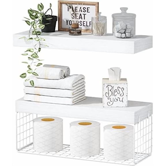 White Bathroom Shelves Over Toilet - Wall Mounted Floating Shelves Farmhouse Shelf Toilet Paper Storage Small 16 inch Set of 2 (019-W2)