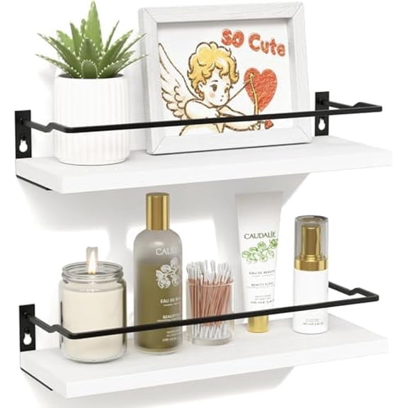 White Bathroom Shelves, Small Floating Wall Mounted Shelf for Bathroom Decor, Guard-Rail Wood Shelving Organizer Over Toilet Kitchen Storage Shelves Set of 2 - White
