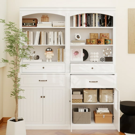 White Bathroom Storage Cabinet with Four Doors, Drawers, Adjustable Shelf & Six Open Shelves Durable MDF Construction, Combo