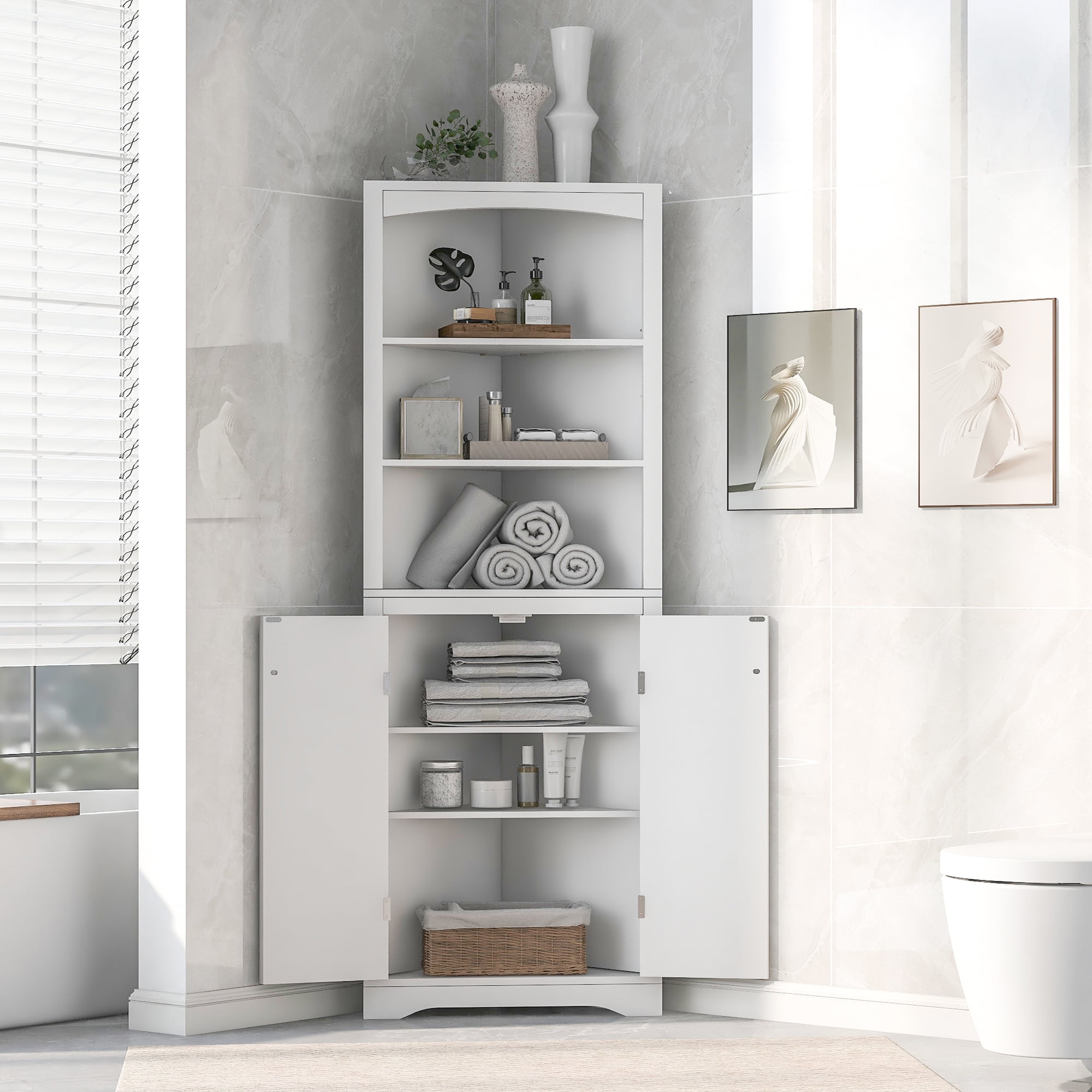 White Bathroom Storage Corner Cabinet with Adjustable Shelves and Doors ...