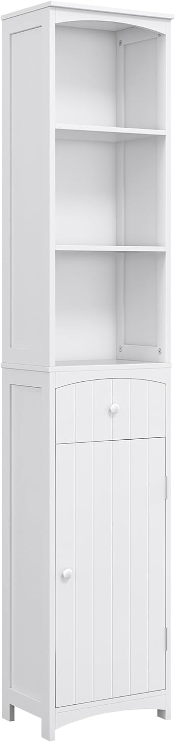 Slim White Free-Standing Bathroom Linen Tower with Storage Shelves and Drawer
