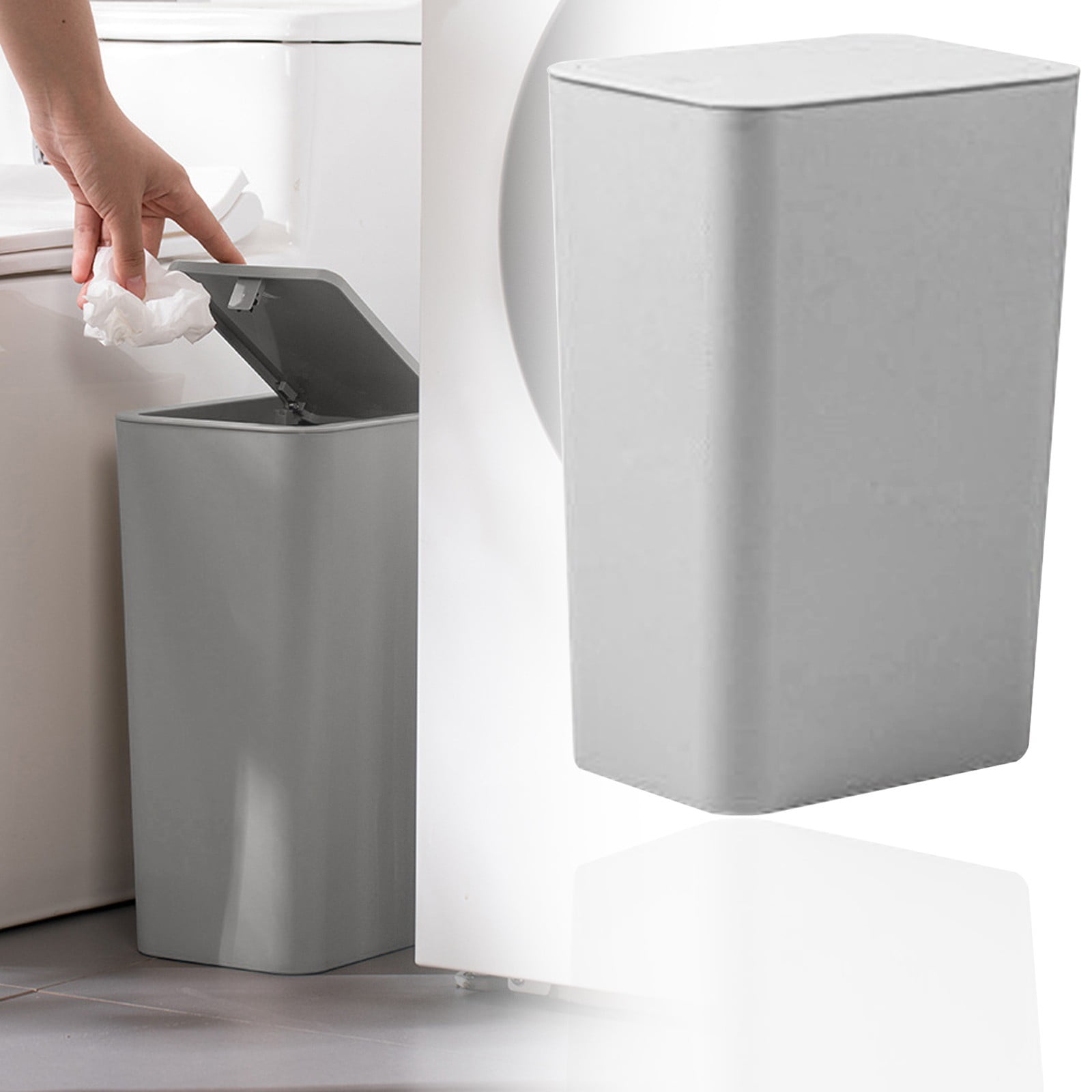 White Bathroom Trash Can with Lid, Slim Garbage Can with Pop-Up Lid ...