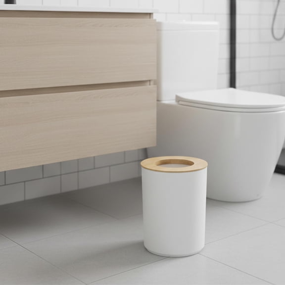 White Bathroom Trash Can Padang Bamboo Top 1.3 Gal - Stylish and Sustainable 5L Waste Solution